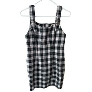 La Belle Vintage 90s Plaid Buckle Strap Pinafore Mini Dress Black White Red USA